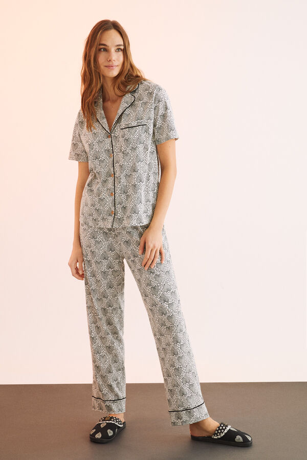 Womensecret Pyjama chemise 100 % coton imprimé géométrique beige
