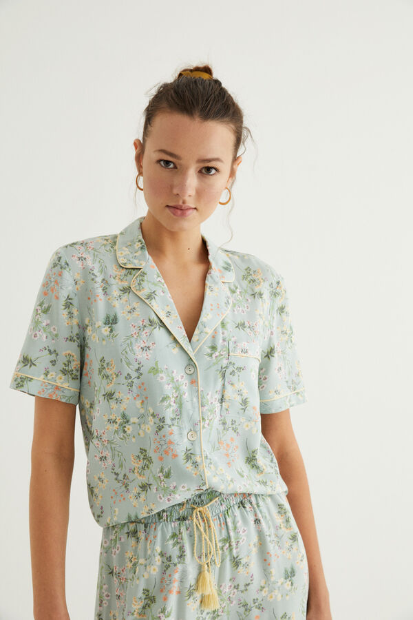 Womensecret Virágmintás, inges zöld pizsama, 100% pamutból zöld