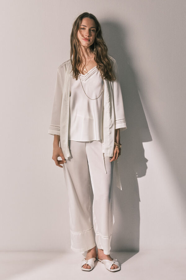 Women'secret Long pyjama and satin robe set in White beige