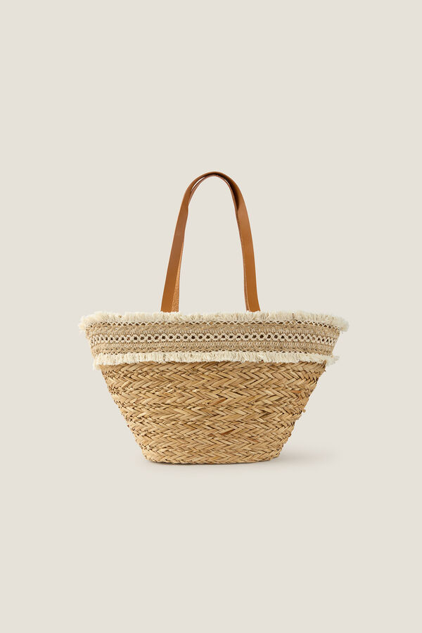 Womensecret Basket beach bag in natural fibres and decorative ribbons Bež