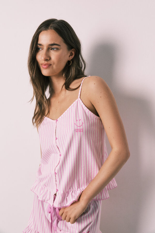 Women'secret Gestreifter Baumwoll-Pyjama mit R&uuml;schen und Tr&auml;gern SmileyWorld&reg; Rosa