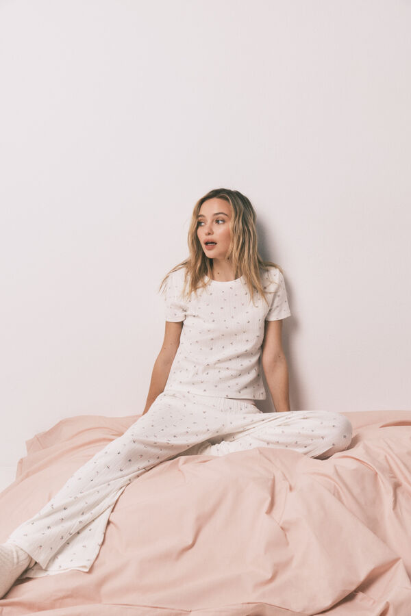 HI&BYE White cotton mini floral print long pyjamas white