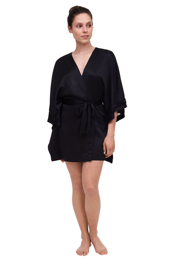 Womensecret Olivia satin kimono with lace and embroidered tulle black