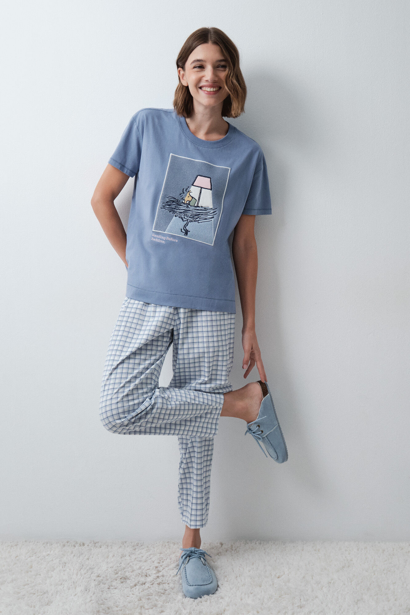 Women'secret Pyjama en coton &agrave; carreaux Snoopy manches courtes