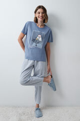 Women'secret Pyjama en coton &agrave; carreaux Snoopy manches courtes bleu