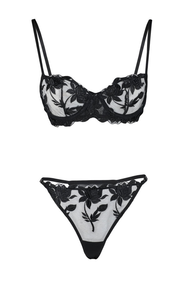 Trendyol Conjunto de encaje floral de sujetador y braga tanga negro