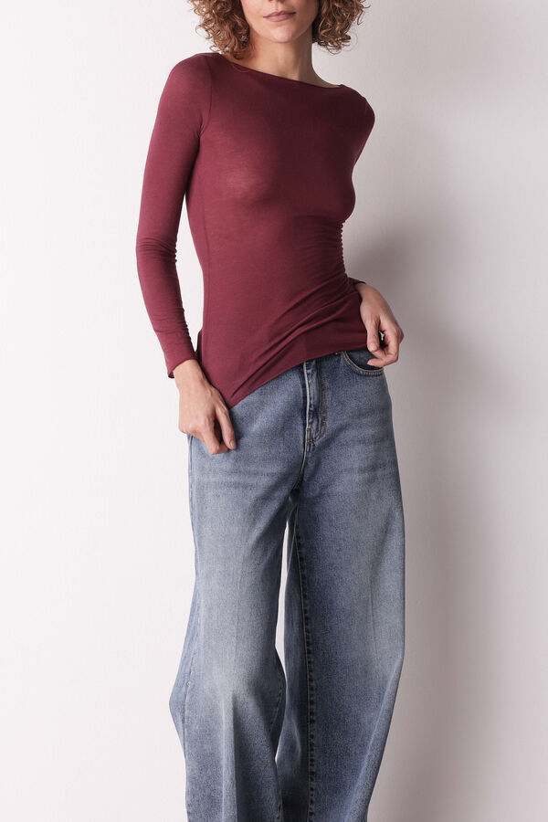Cotonella Camiseta de cachemira Cuello Barco Manga Larga&nbsp; burdeos