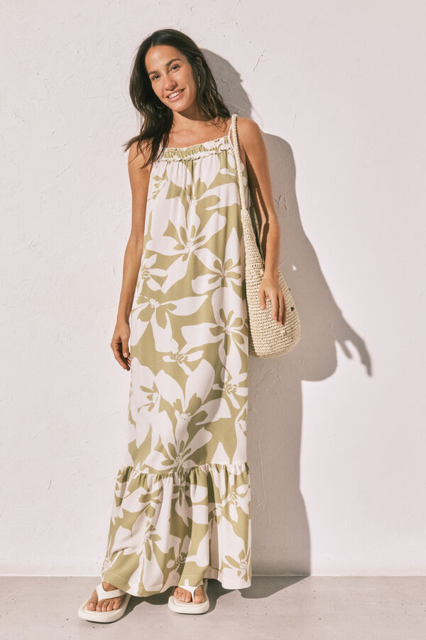 Women'secret Floral strap long dress green