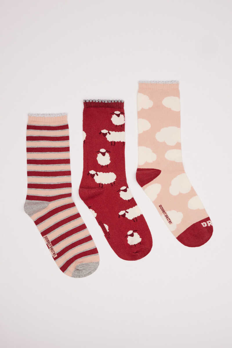 Womensecret 3-pack of maroon cotton mid-calf socks printed