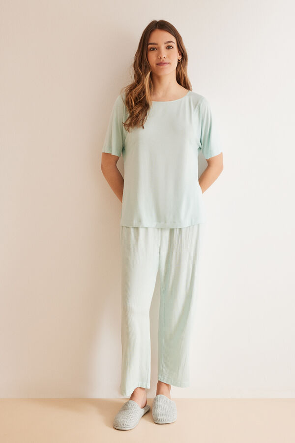 Womensecret Zöld csíkos, kaprinadrágos Ecovero™ pizsama zöld