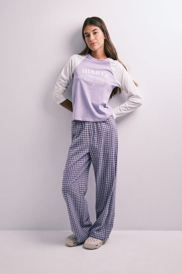 HI&BYE Purple cotton plaid long pyjamas pink