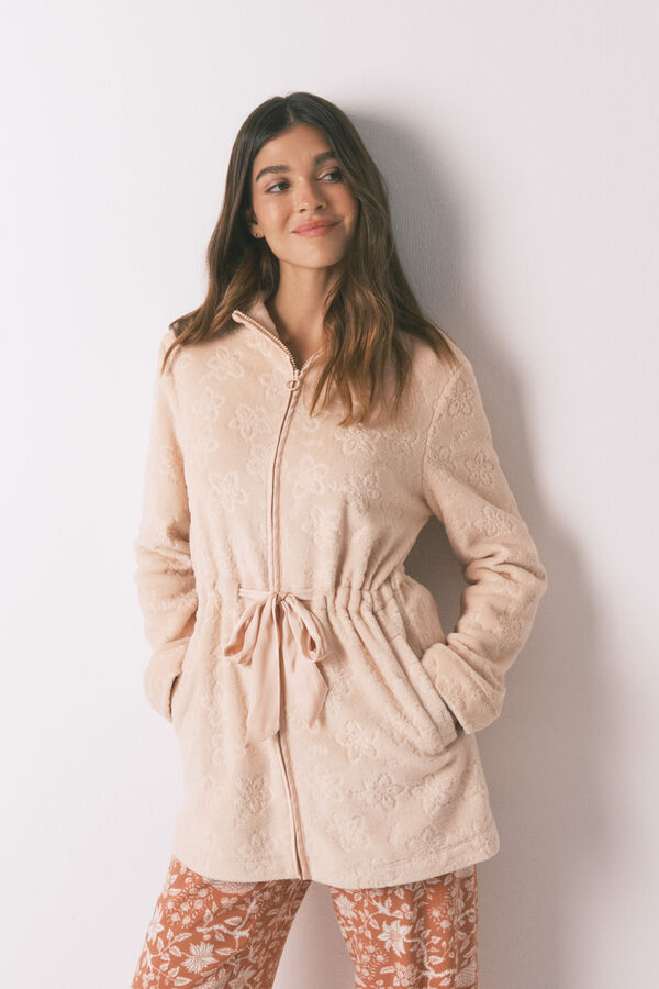 Women'secret Robe de chambre midi en polaire fleurie orange rouge