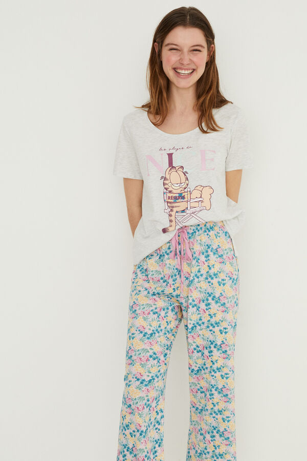 Womensecret Pijama largo algodón estampado flores Garfield gris