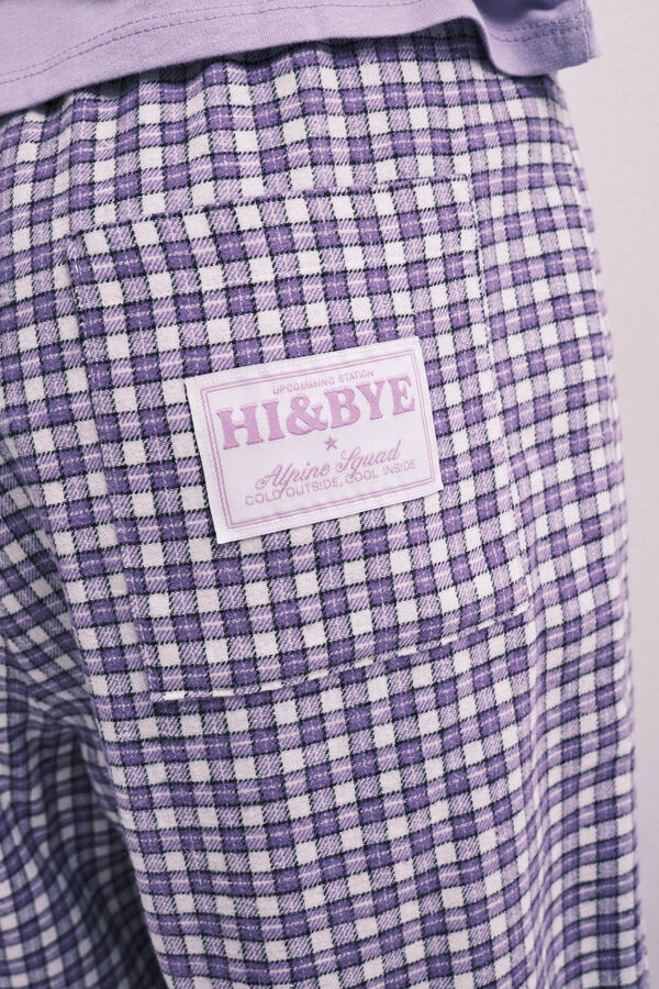 HI&BYE Purple cotton plaid long pyjamas pink