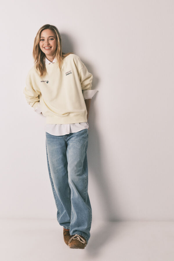 HI&BYE Yellow cotton terry short plain sweatshirt printed