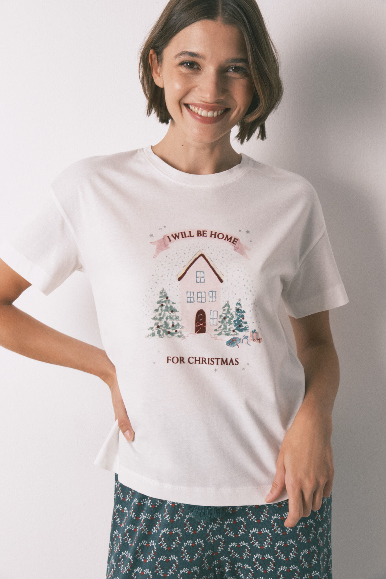 Women'secret 100% cotton white Christmas short sleeve T-shirt