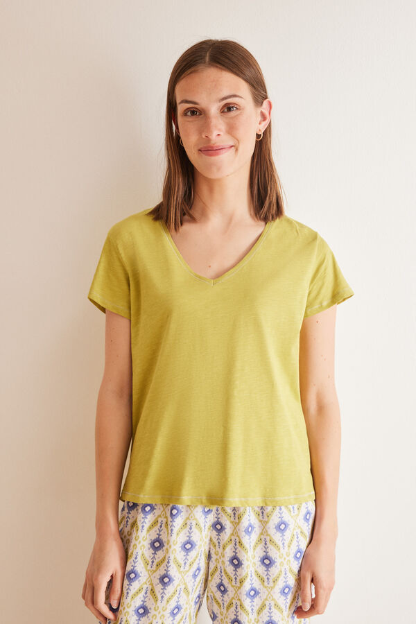 Womensecret Green slub 100% cotton T-shirt beige