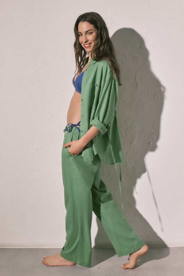 Women'secret Zelene dugačke pantalone od lana Zelena