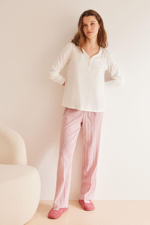Womensecret Duga pamučna pidžama od 100% sa ružičastim prugicama Bež