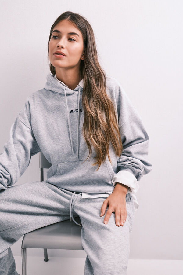 HI&BYE Grey cotton fleece hooded sweatshirt grey