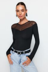Trendyol Fitted Long Sleeve Bodysuit Top black
