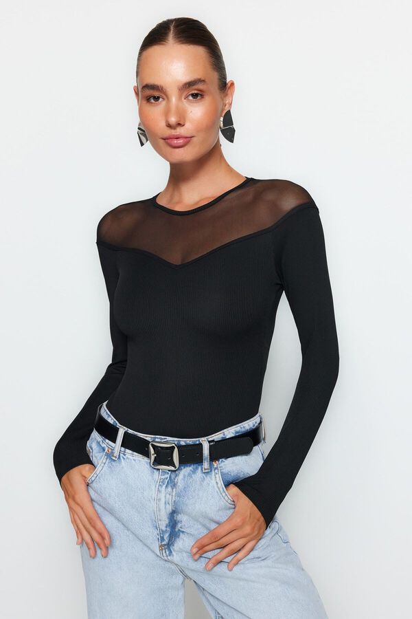 Trendyol Fitted Long Sleeve Bodysuit Top black