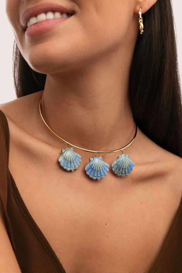 Singularu Blauer Shelly Choker aus Stahl und Goldbad mit Print