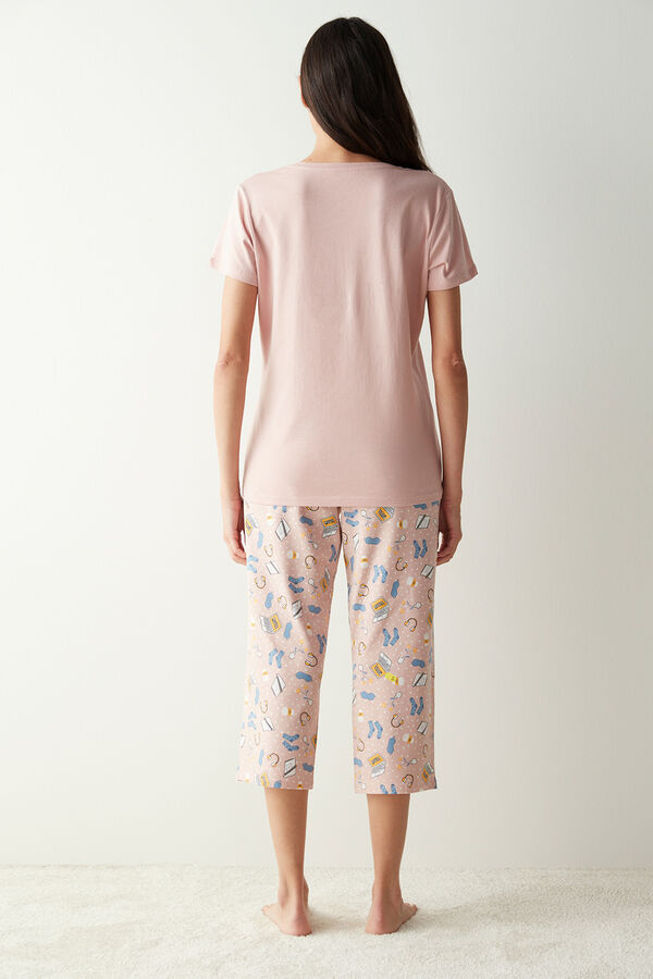 Womensecret Conjunto de pijama con camiseta y pantalón pesquero Happy rosa