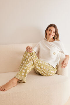 Womensecret Pyjama 100 % Baumwolle Hose Blumen Naturweiß