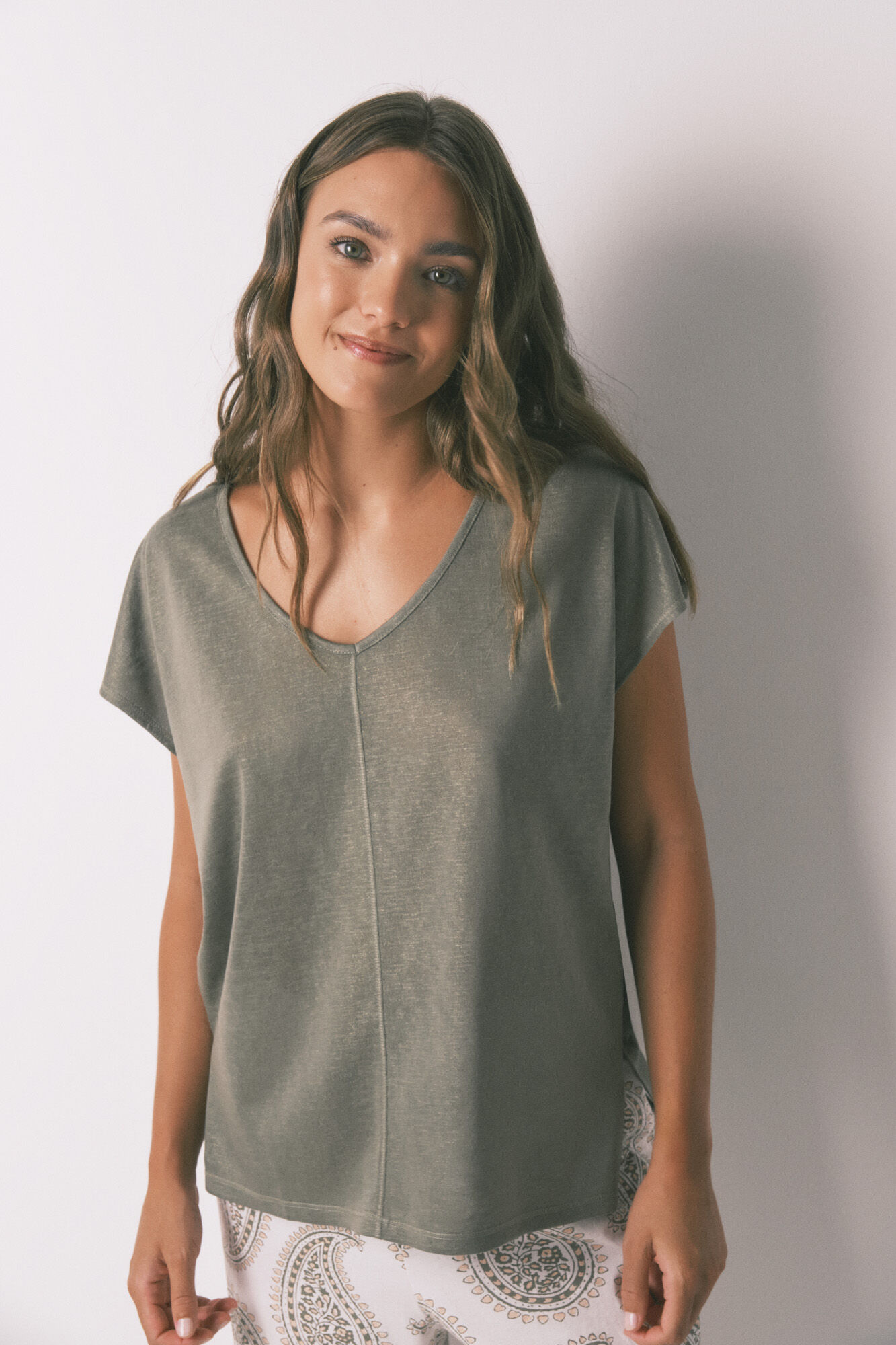 Women'secret Loose green viscose lurex T-shirt