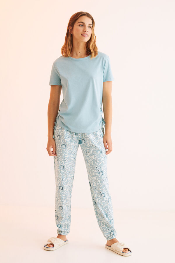 Womensecret Langer Pyjama 100 % Baumwolle Raffungen Blau Blau