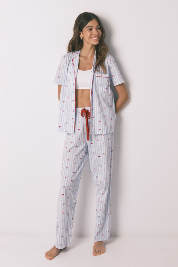 Women'secret Pyjama chemise en coton &agrave; rayures cerises bleu