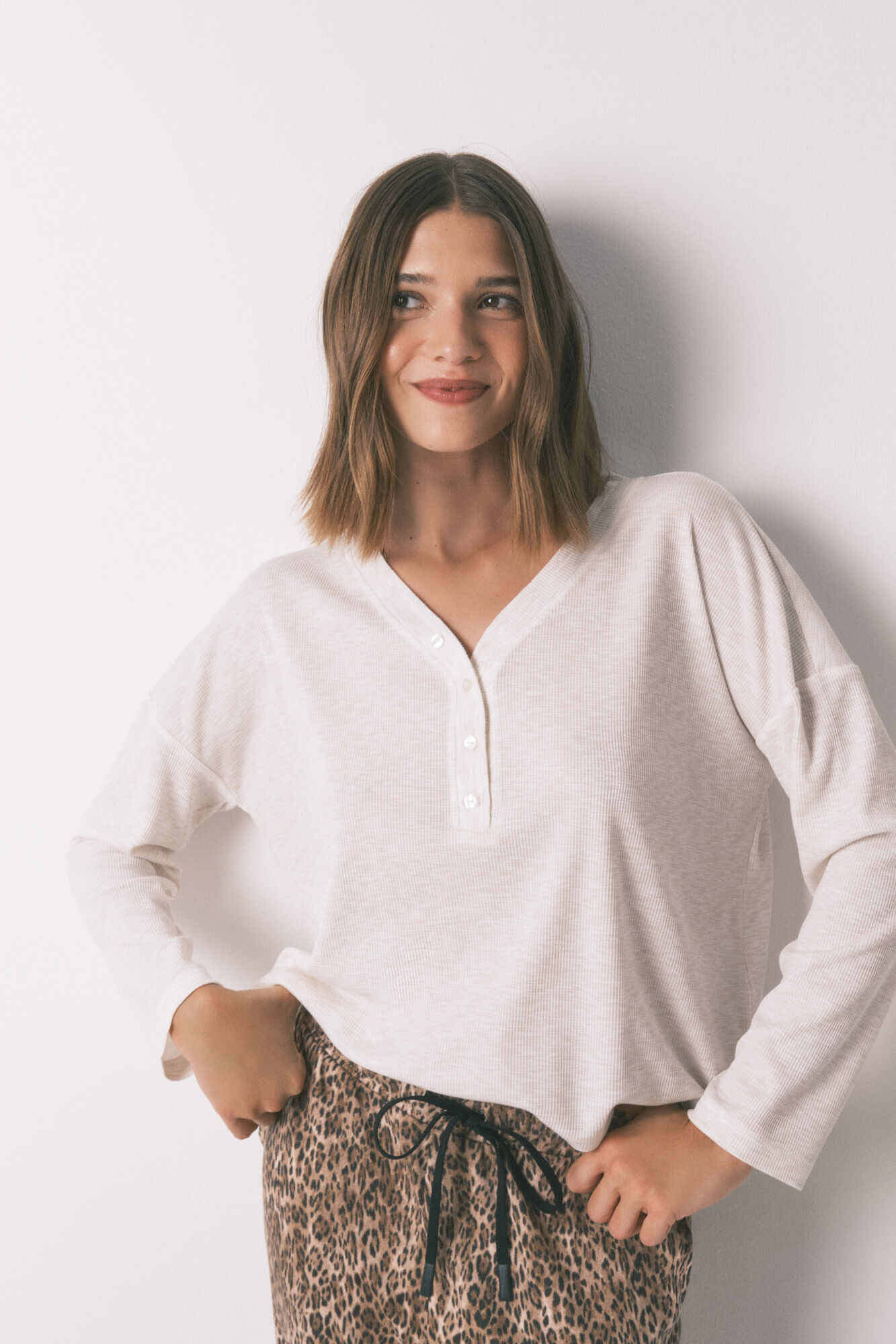 Women'secret Ivory waffle long sleeve T-shirt