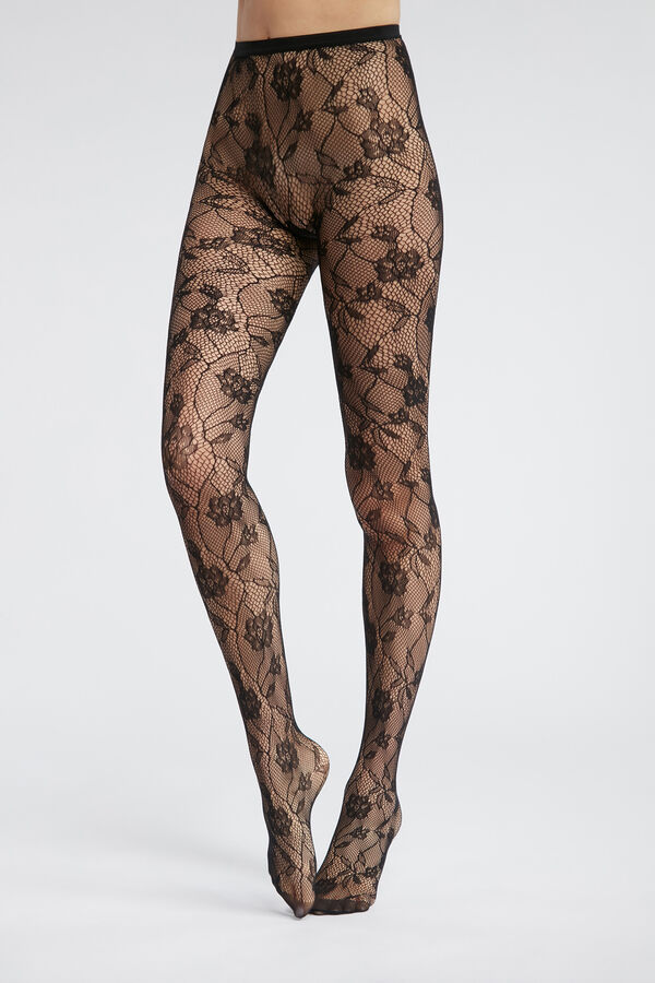 DIM Panty Fantas&iacute;a rejilla con flores 73 deniers negro