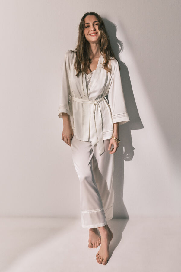Women'secret Long pyjama and satin robe set in White beige