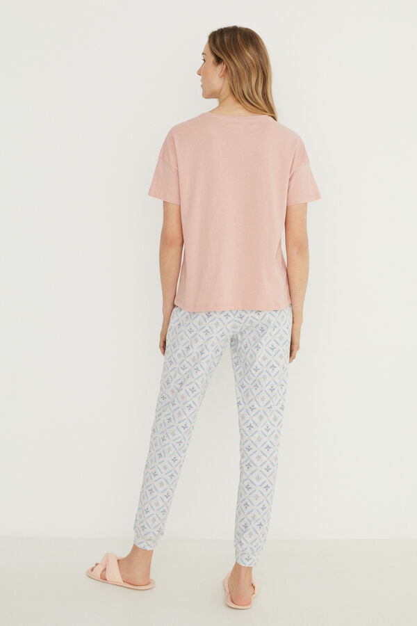Womensecret Pyjama lang 100 % Baumwolle Rosa Blumen-Print Blau