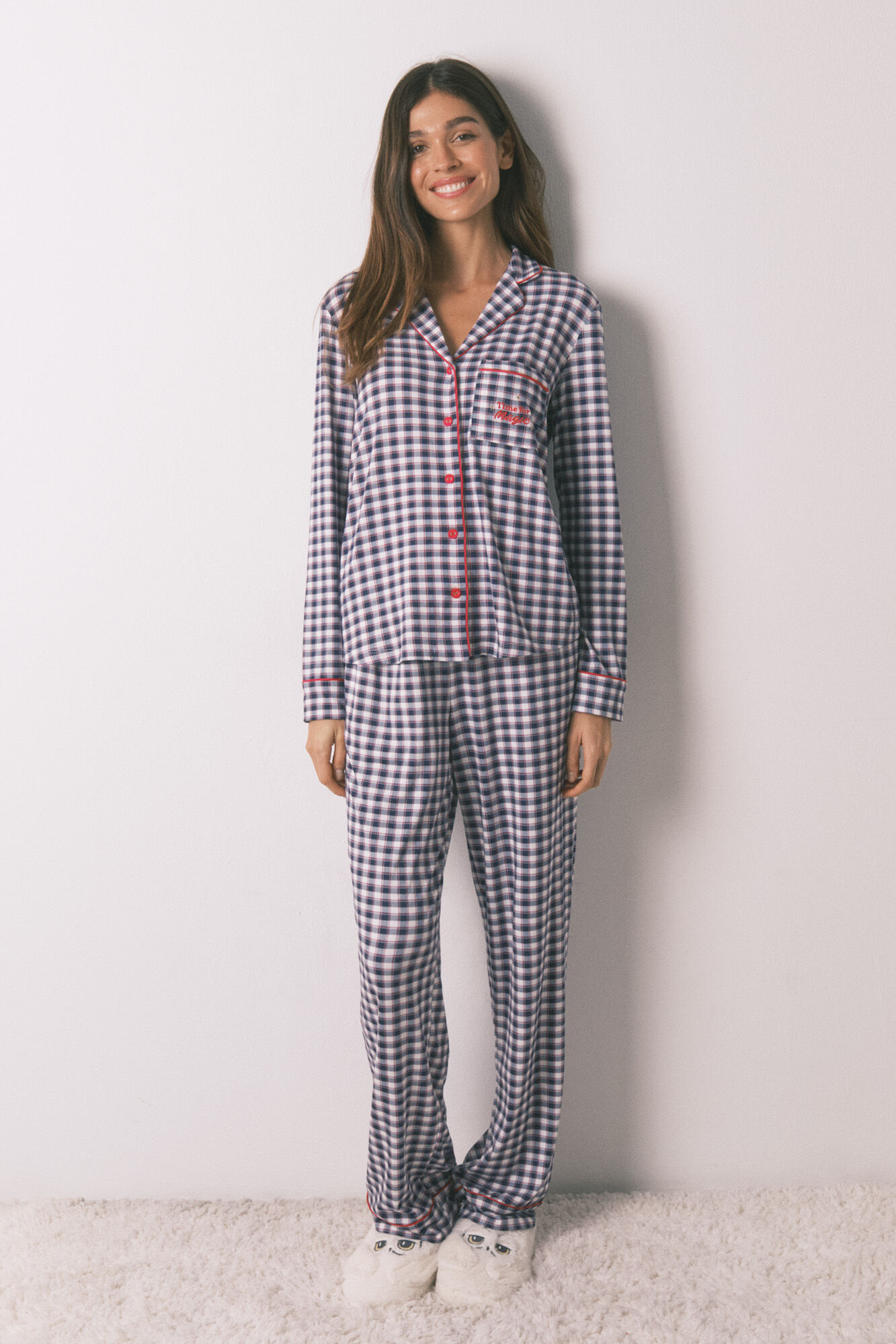 Women'secret Long classic pyjamas in soft checked jersey-knit