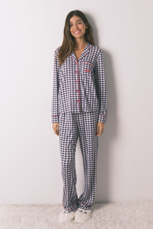 Women'secret Long classic pyjamas in soft checked jersey-knit blue