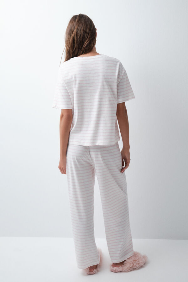 Women'secret Striped cotton short sleeve long pyjamas beige