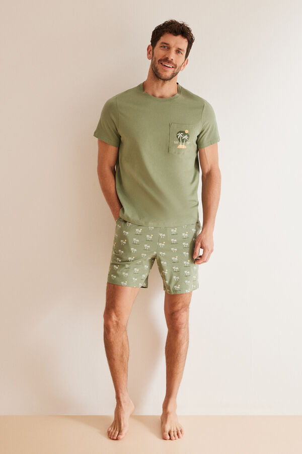 Womensecret Pijama corto hombre 100% algodón palmeras kaki