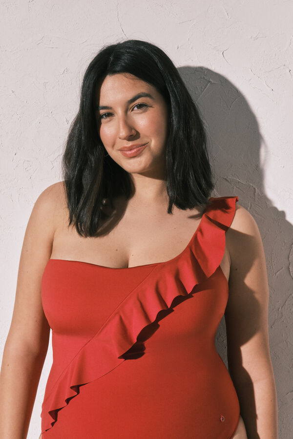 Women'secret Orange shaping asymmetric ruffle swimwear red