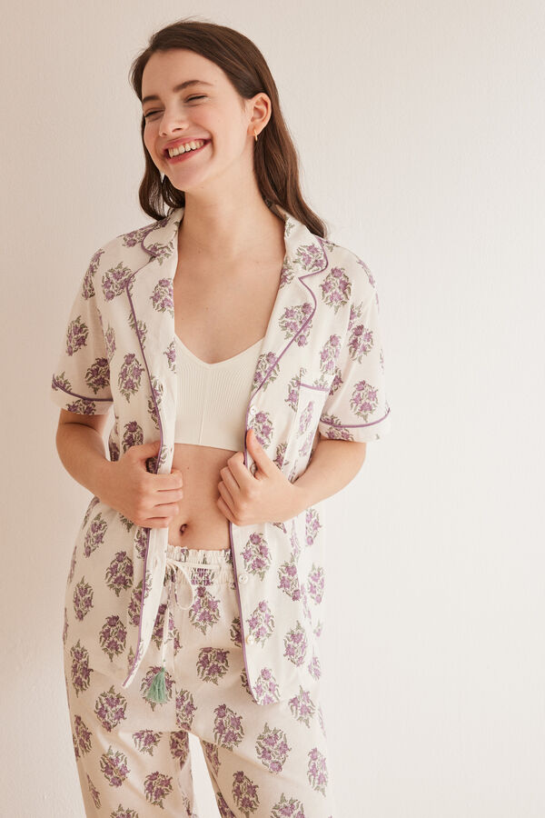 Womensecret Pyjama Hemdlook kurze Ärmel Capri Blumen Weiß