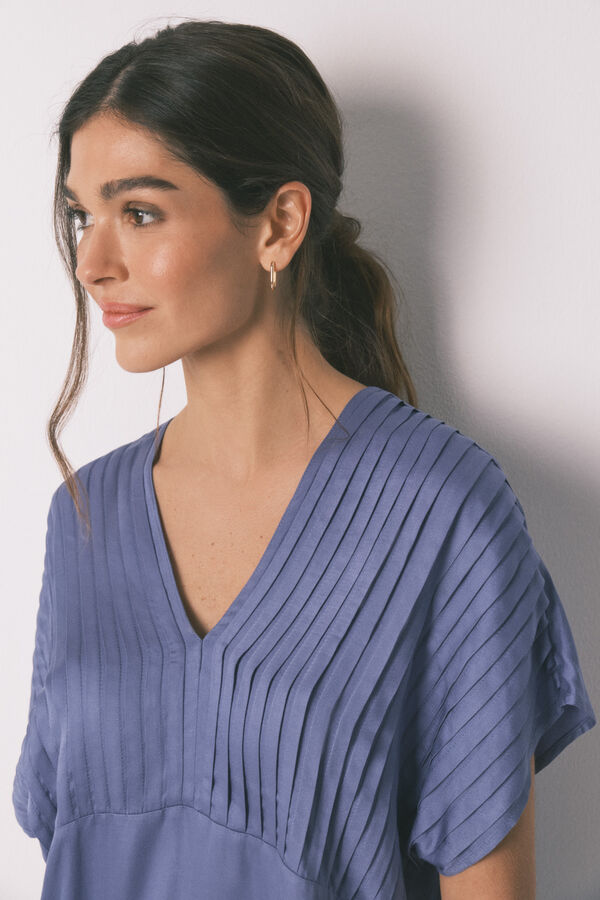 Women'secret Blue long pyjamas with pleated neckline blue