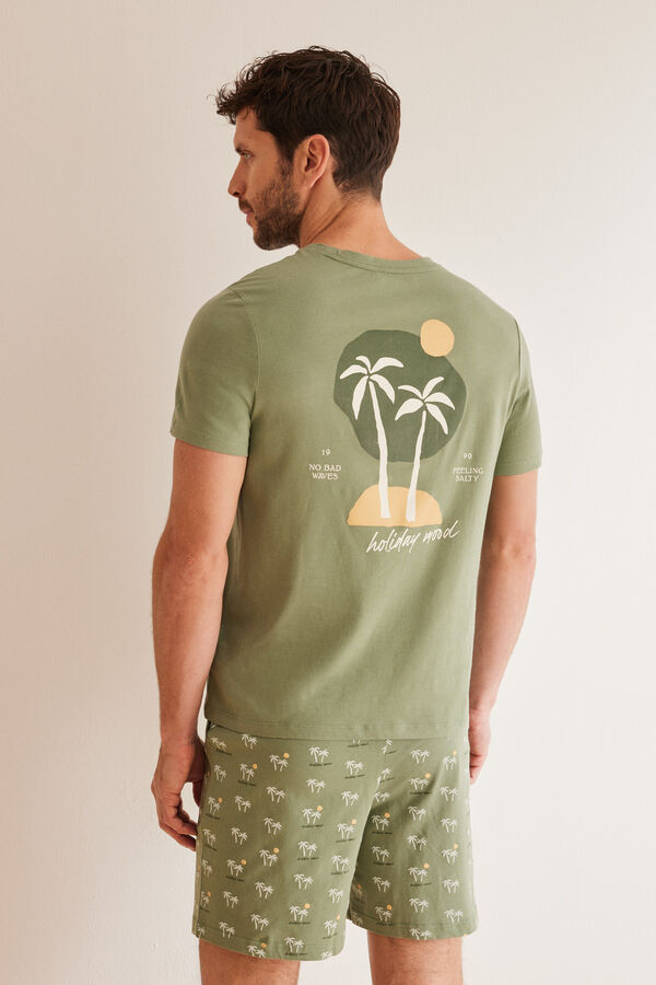 Womensecret Kratka muška pidžama od 100 % pamuka s palmama Kaki