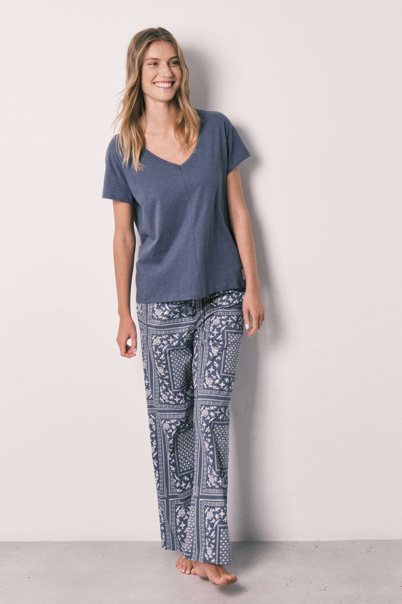 Women'secret Blue bandana print cotton short sleeve long pyjamas