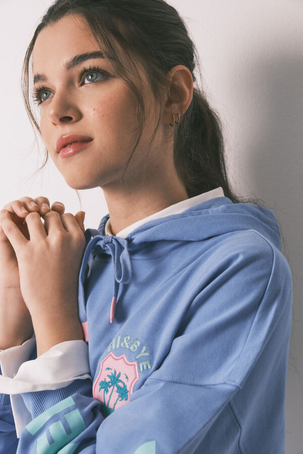 HI&BYE Blue cotton fleece hooded sweatshirt blue