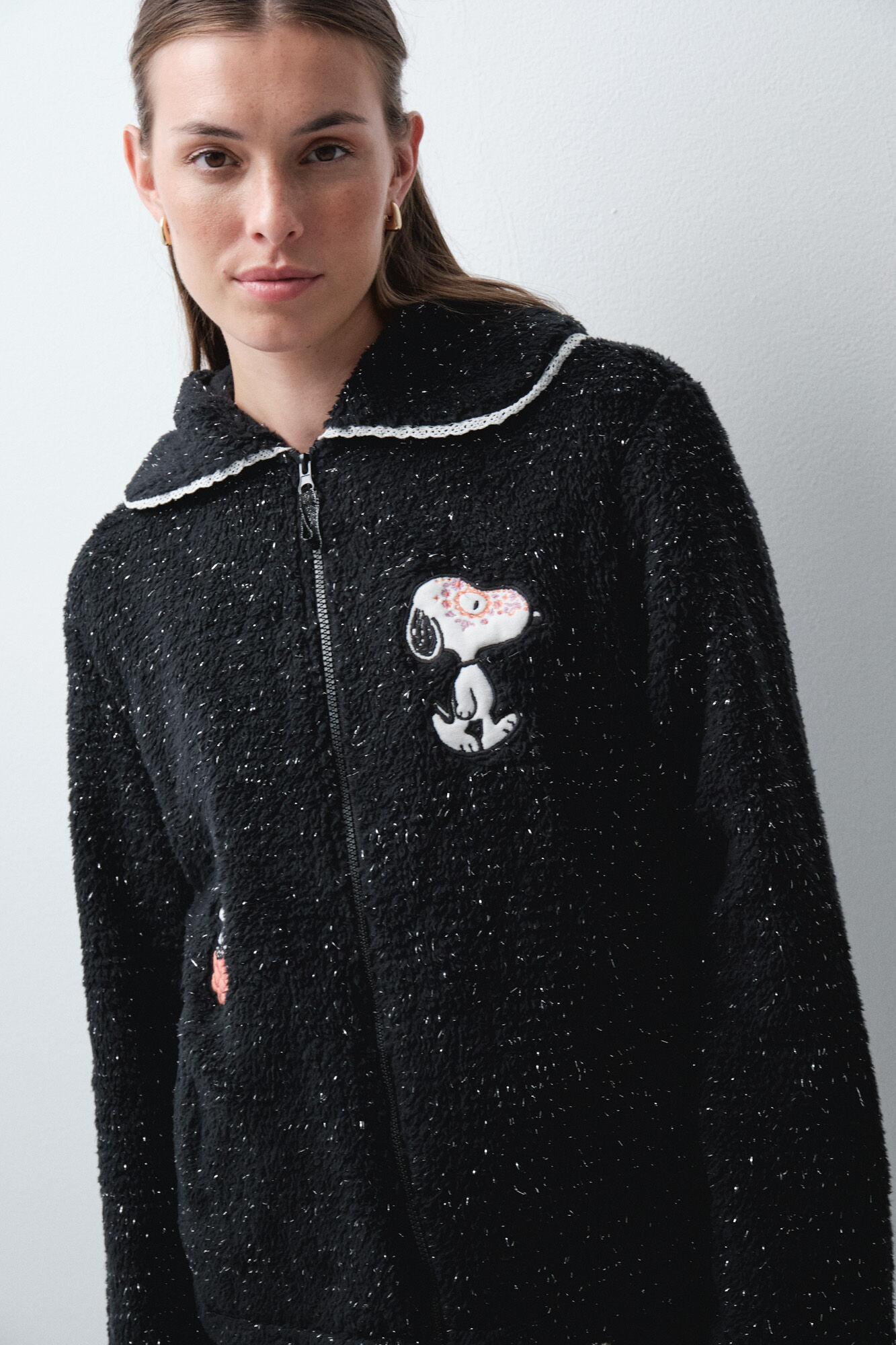 Women'secret Black faux shearling short robe Snoopy