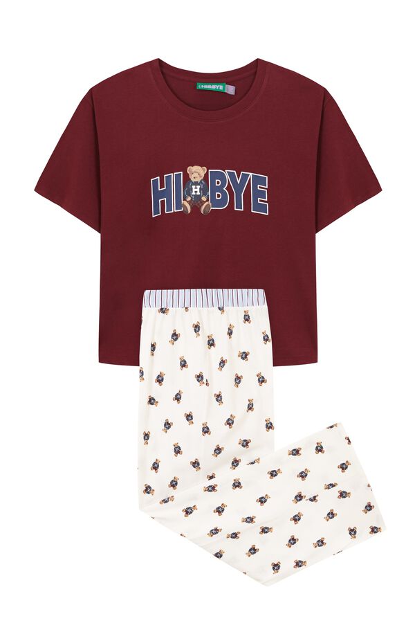 HI&BYE Burgundy cotton long pyjamas with bear print printed