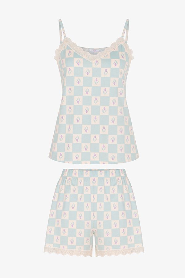 Penti Pijama corto tirantes cuadros y flores verde