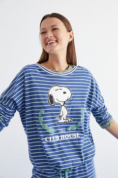 Womensecret Hosszú, csíkos, Snoopy-mintás pizsama 100% pamutból kék